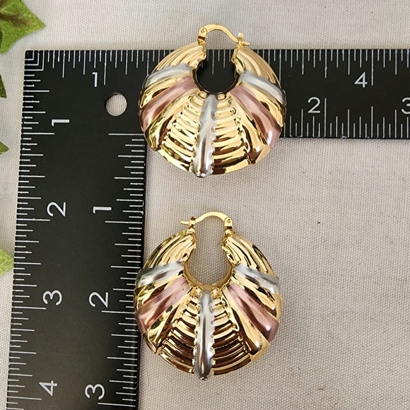 Gold Chunky Hoop Earrings Tricolor Accent - Picture 9 of 9